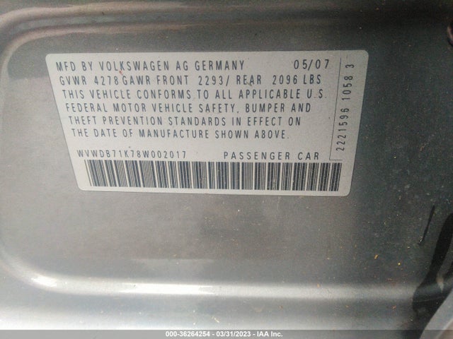 2008 VOLKSWAGEN RABBIT S VIN: WVWDB71K78W002017