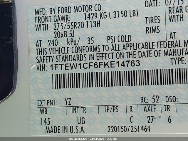2015 FORD F-150 XL/LARIAT VIN: 1FTEW1CF6FKE14763