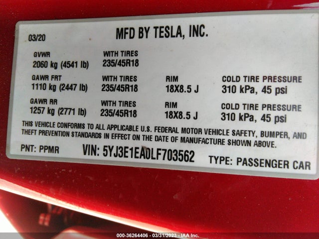 Tesla Model 3 Standard Range 2020 5YJ3E1EA0LF703562 Image 11