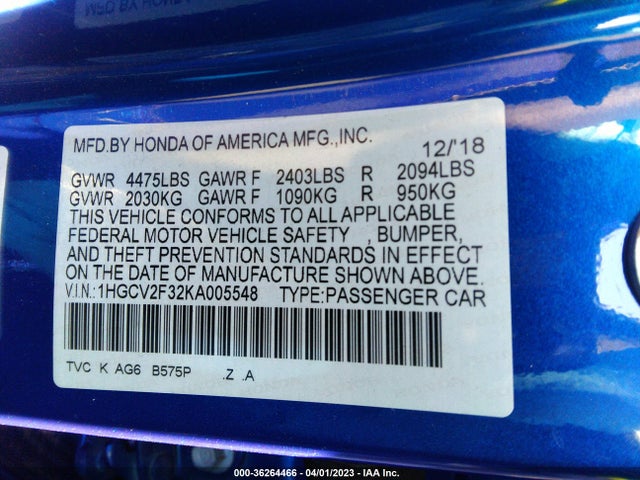2019 HONDA ACCORD SEDAN SPORT 2.0T VIN: 1HGCV2F32KA005548