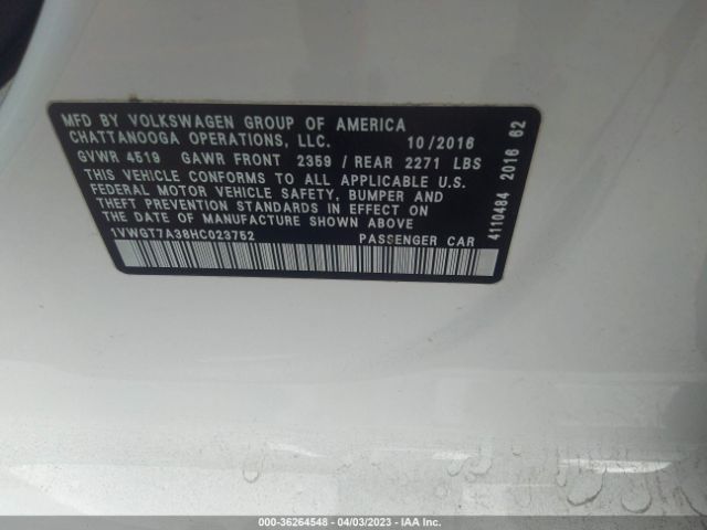 1VWGT7A38HC023752 Volkswagen Passat 1.8t Se W/technology