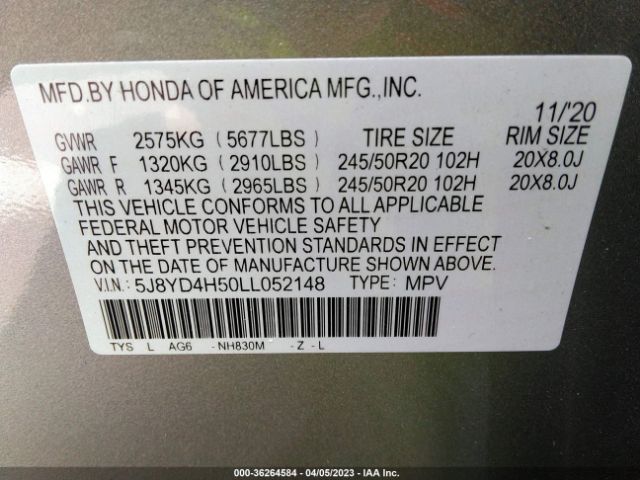5J8YD4H50LL052148 Acura Mdx W/technology Pkg