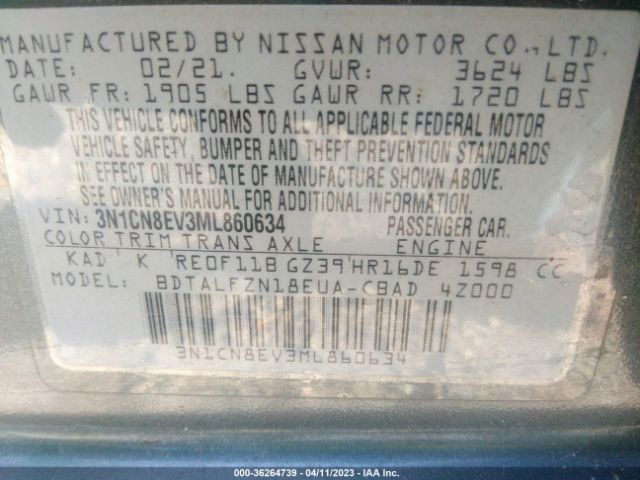 3N1CN8EV3ML860634 Nissan VERSA SV