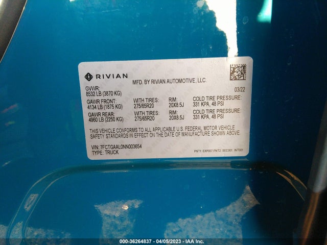 2022 Rivian R1T, VIN: 7FCTGAAL0NN003654