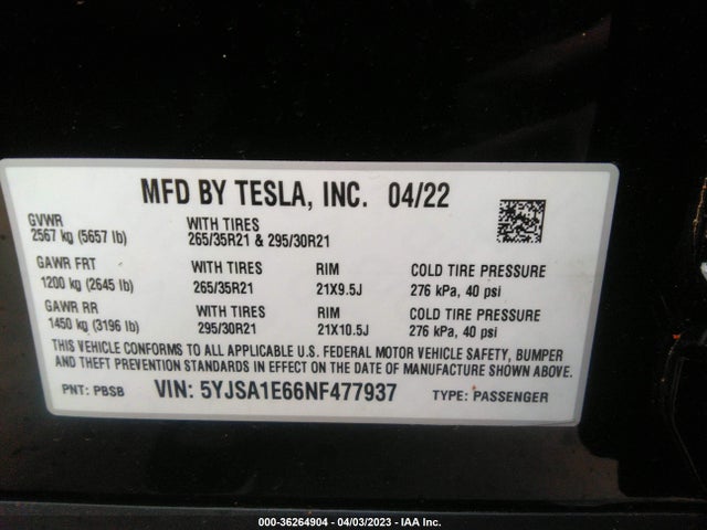 Tesla Model S Plaid 2022 5YJSA1E66NF477937 Image 9