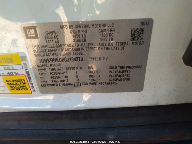 2016 Chevrolet Traverse, VIN: 1GNKRHKD8GJ194270