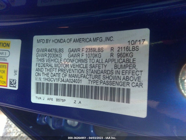 2018 HONDA ACCORD SEDAN SPORT 1.5T VIN: 1HGCV1F34JA024031