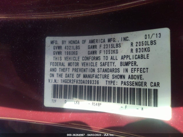 2013 HONDA ACCORD SDN EX-L VIN: 1HGCR2F82DA099336