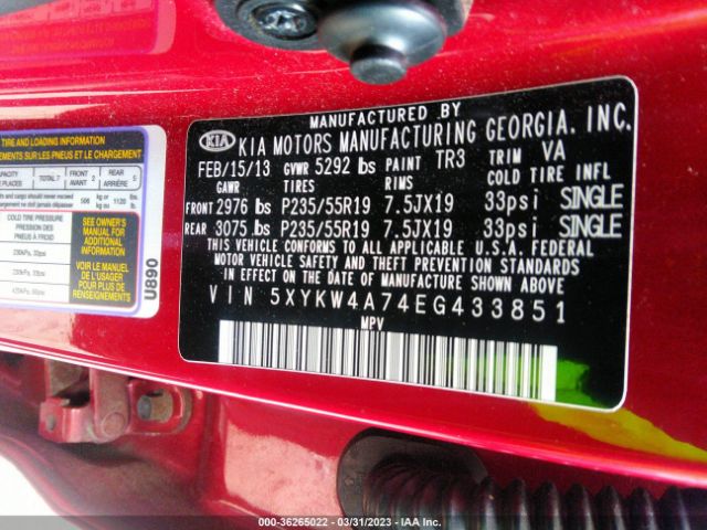 5XYKW4A74EG433851 KIA SORENTO SX