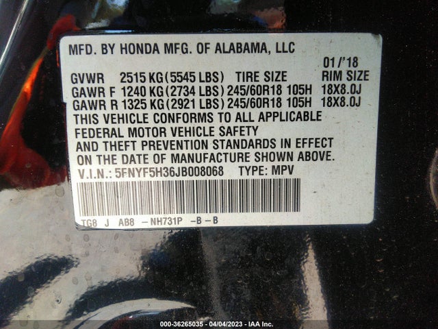 Honda Pilot Ex 2018 5FNYF5H36JB008068 Image 10