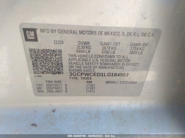 2020 CHEVROLET SILVERADO 1500 LT VIN: 3GCPWCED1LG184553