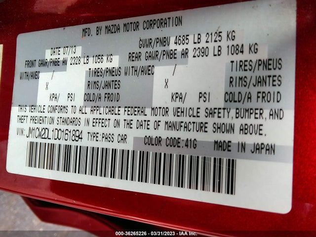 2013 MAZDA MAZDA5 GRAND TOURING VIN: JM1CW2DL1D0161894