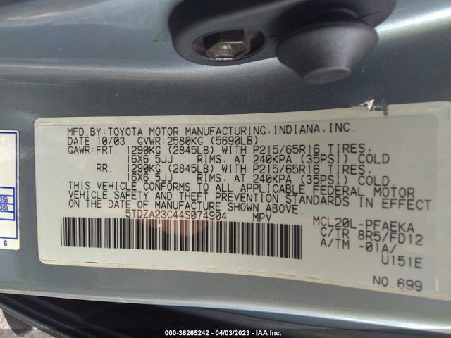 36265242 :رقم المزاد ، 5TDZA23C44S074904 vin ، 2004 Toyota Sienna Ce/le مزاد بيع