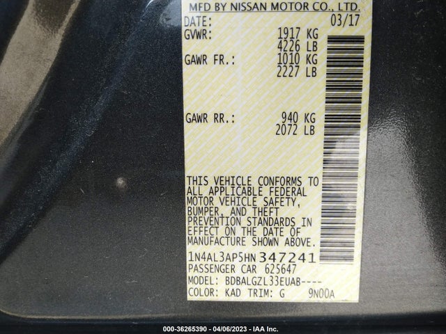 2017 NISSAN ALTIMA 2.5 S VIN: 1N4AL3AP5HN347241