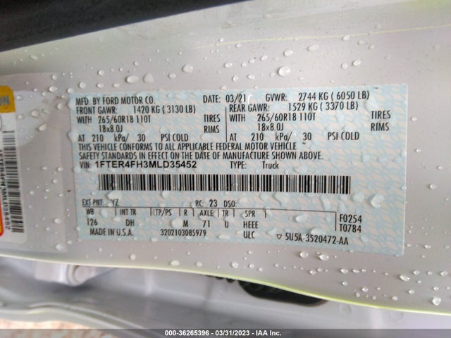 2021 FORD RANGER XL/XLT/LARIAT VIN: 1FTER4FH3MLD35452