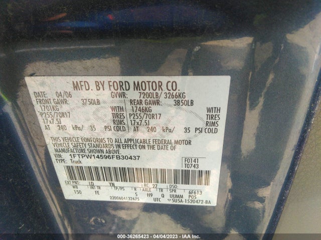 2006 FORD F-150 XLT/FX4/LARIAT/KING RANCH VIN: 1FTPW14596FB30437