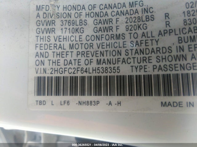 2020 HONDA CIVIC LX VIN: 2HGFC2F64LH538355