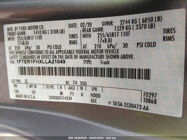 2020 FORD RANGER XL/XLT/LARIAT VIN: 1FTER1FHXLLA21049