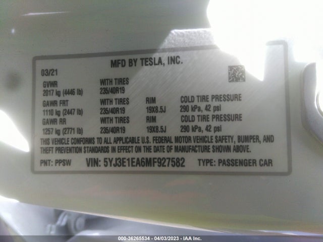 5YJ3E1EA6MF927582 Tesla Model 3 Standard Range Plus Rear-wheel Drive