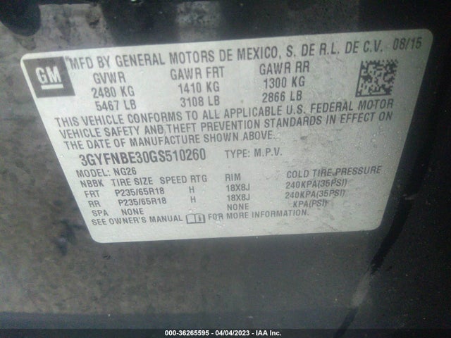 3GYFNBE30GS510260 Cadillac Srx Luxury Collection