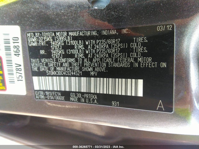 2012 TOYOTA SIENNA LE VIN: 5TDKK3DC4CS244521