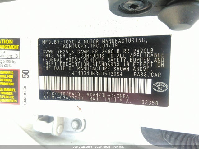 2019 Toyota Camry, VIN: 4T1B31HK3KU512094