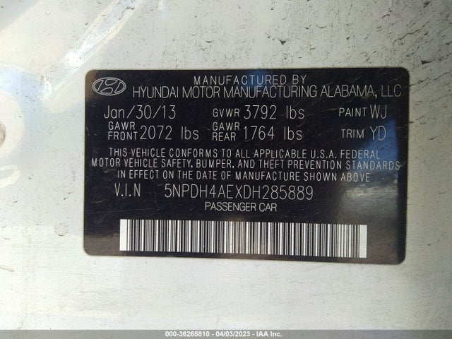 2013 HYUNDAI ELANTRA GLS PZEV VIN: 5NPDH4AEXDH285889