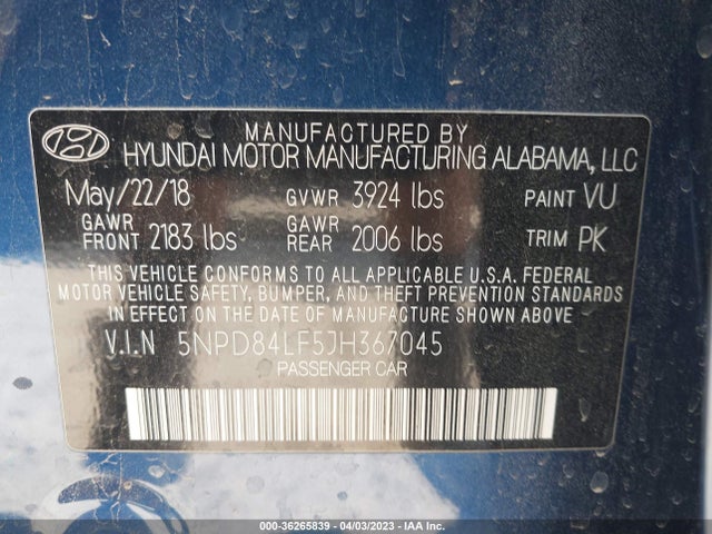 2018 HYUNDAI ELANTRA SEL VIN: 5NPD84LF5JH367045