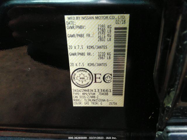 5N1AZ2MH8JN133661 Nissan Murano S/sv/sl/platinum