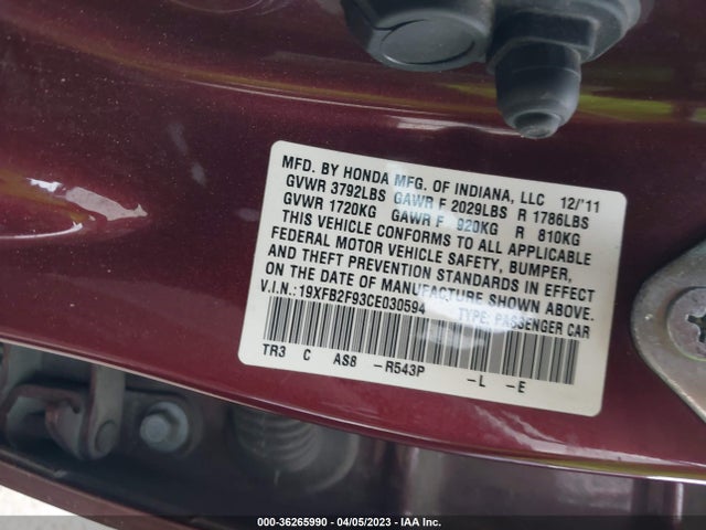 2012 HONDA CIVIC SDN EX-L VIN: 19XFB2F93CE030594