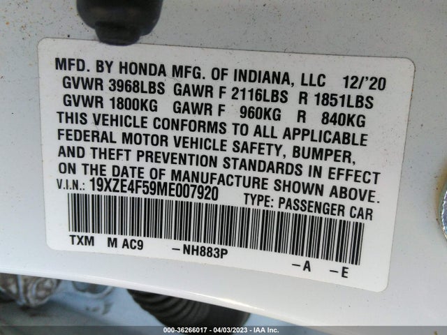 Honda INSIGHT EX 2021 19XZE4F59ME007920 Image 9