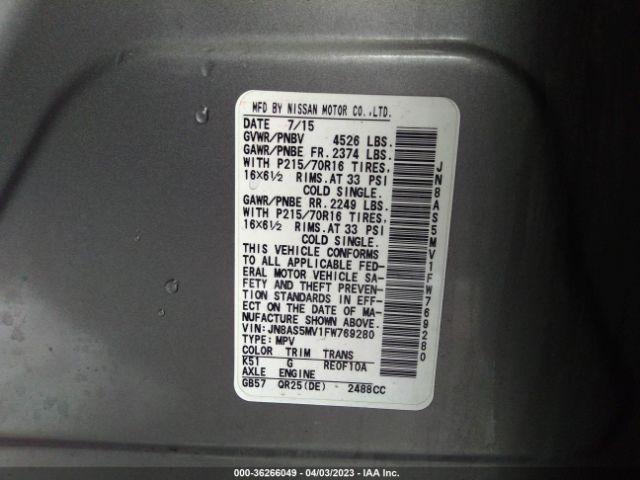 JN8AS5MV1FW769280 Nissan Rogue Select S
