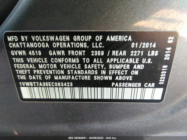 Volkswagen PASSAT SE 2014 1VWBT7A35EC063423 Image 9