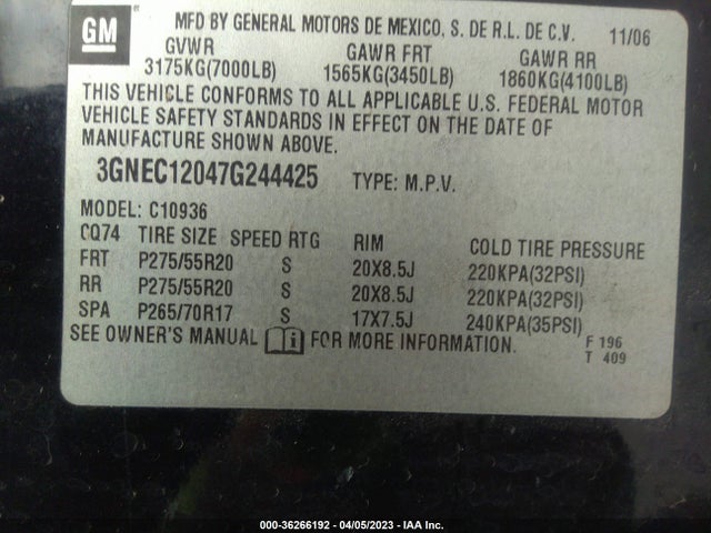 2007 CHEVROLET AVALANCHE LTZ VIN: 3GNEC12047G244425