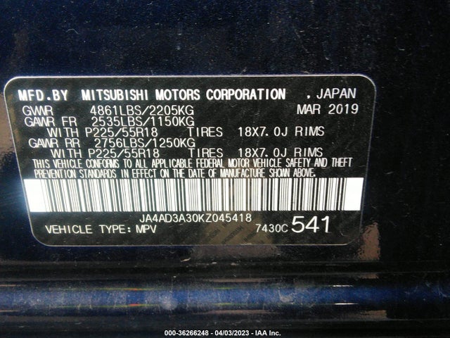 JA4AD3A30KZ045418 Mitsubishi Outlander Se/sel/le