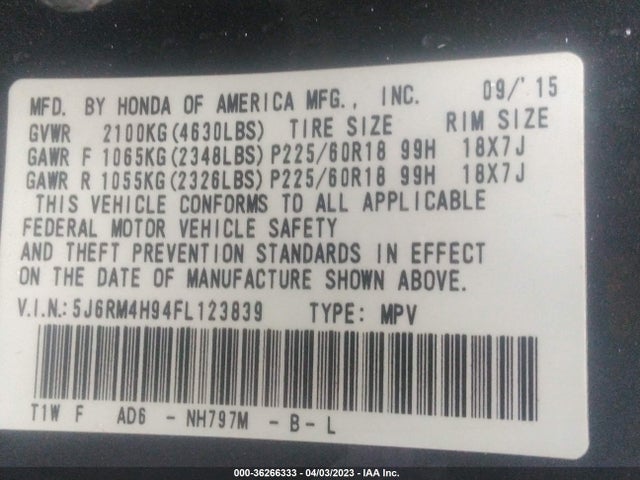 Honda Cr-v Touring 2015 5J6RM4H94FL123839 Image 9