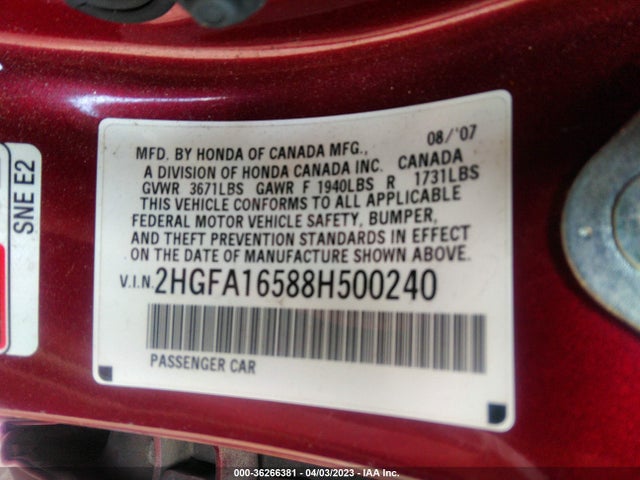 2008 HONDA CIVIC SDN LX VIN: 2HGFA16588H500240