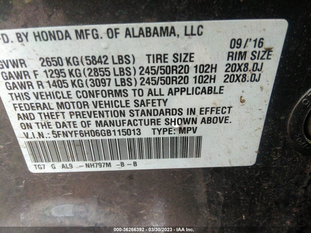 Honda Pilot Elite 2016 5FNYF6H06GB115013 Image 9