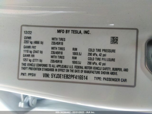 5YJ3E1EB2PF416514 Tesla MODEL 3