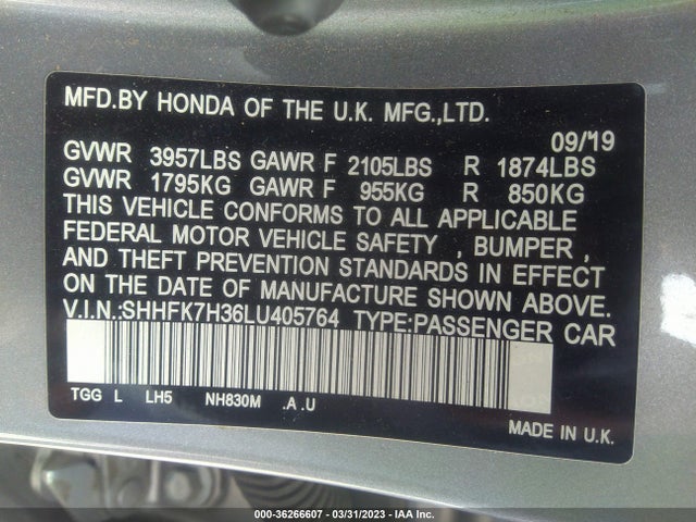 Honda Civic Hatchback Lx 2020 SHHFK7H36LU405764 Image 9