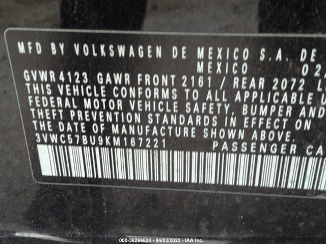 3VWC57BU9KM167221 Volkswagen Jetta S/se/r-line