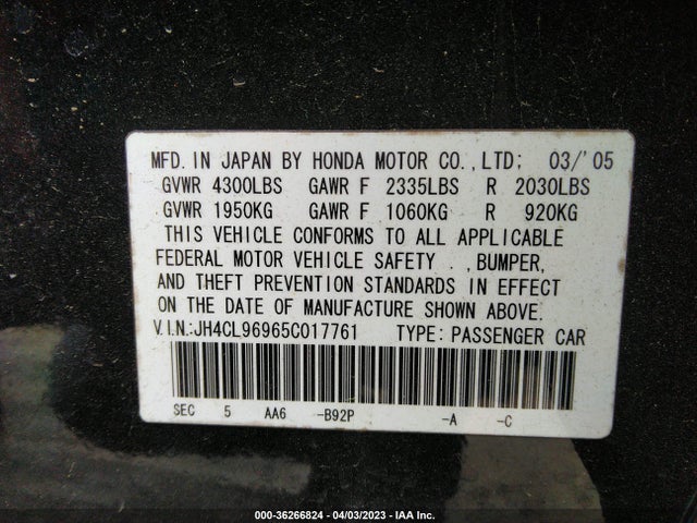 2005 ACURA TSX VIN: JH4CL96965C017761