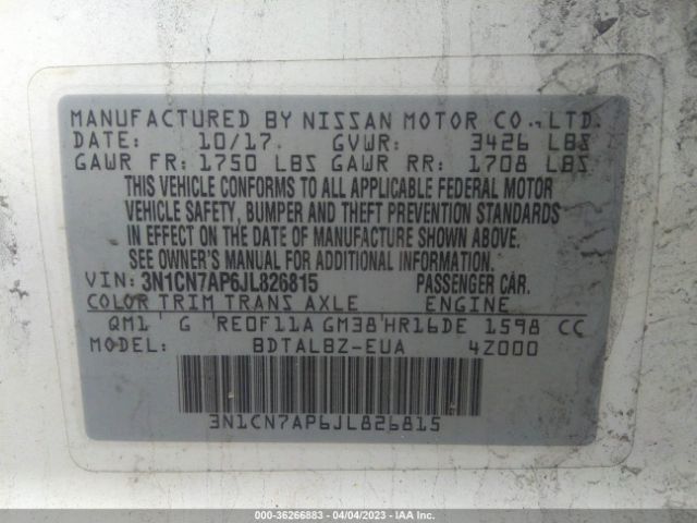3N1CN7AP6JL826815 Nissan Versa Sedan Sv
