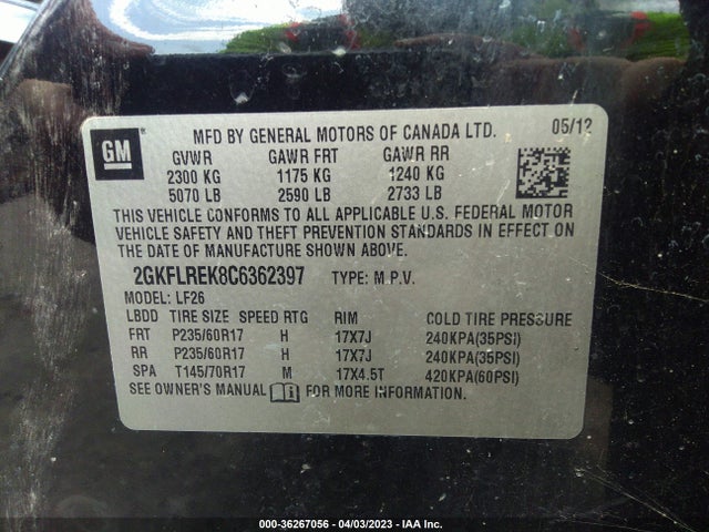 2012 GMC TERRAIN SLE-1 VIN: 2GKFLREK8C6362397