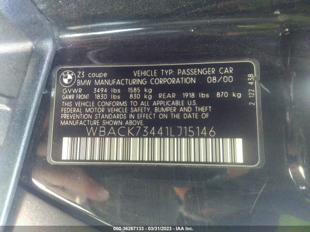 2001 BMW Z3 3.0I VIN: WBACK73441LJ15146