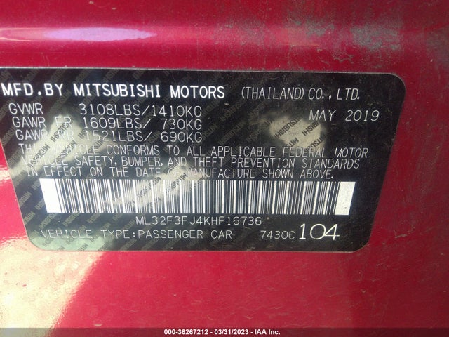 ML32F3FJ4KHF16736 Mitsubishi Mirage G4 Es/rf