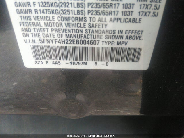Honda PILOT LX 2014 5FNYF4H22EB004607 Image 9