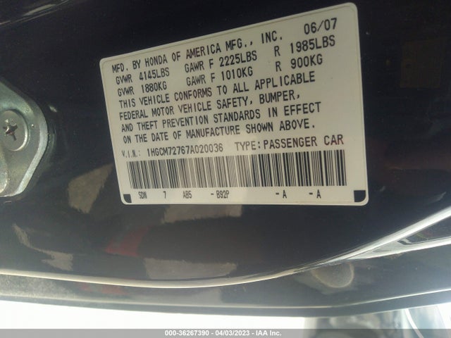 2007 HONDA ACCORD CPE EX/EX-L VIN: 1HGCM72767A020036