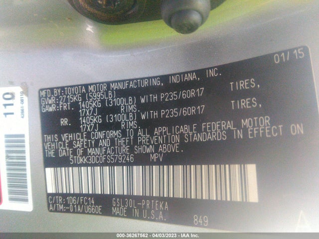 Toyota SIENNA LE 2015 5TDKK3DC0FS579246 Image 9