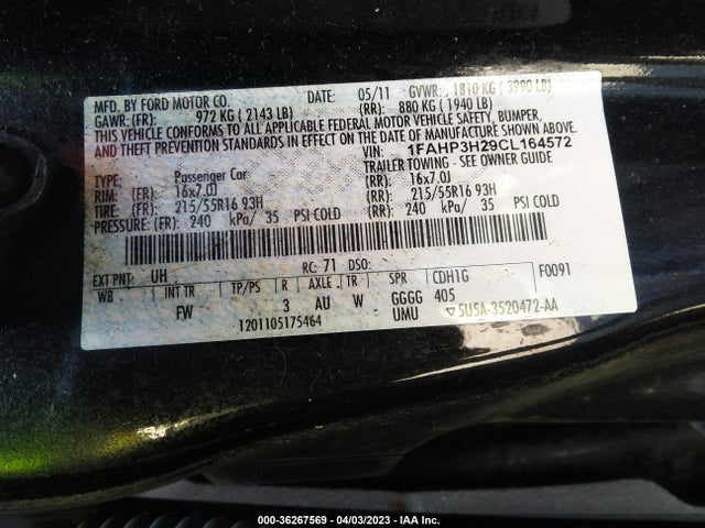 2012 FORD FOCUS SEL VIN: 1FAHP3H29CL164572
